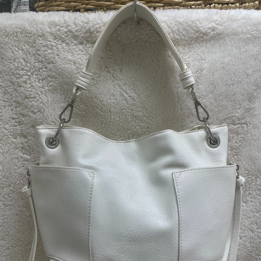 Steve Madden Medium Size Cream Color Faux Leather Bag w/Silver Accents - Picture 2 of 14